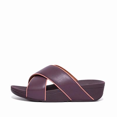 Fitflop Women's LULU Pop Binding Leather Cross Slides Sandals - Purple, SD7961028